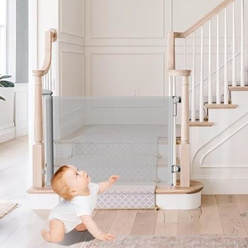 Retractable Baby Gates for Stairs Doorways Hallways, Soft Mesh Safety Retractable Dog Gate for Pet, Indoor Or Outdoor Use, Easy Installation,33.6" Tall,Expands to 55" Wide,Grey