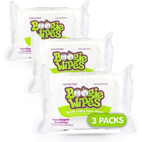 Boogie Wipes Gentle Saline for Stuffy Noses Simply Unscented, White, 3 x 30 Count