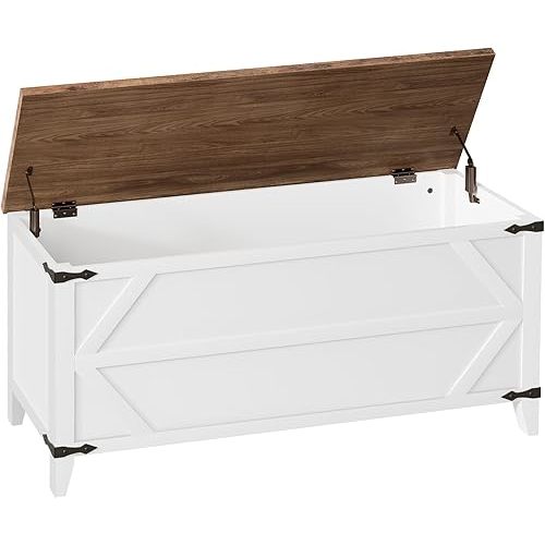 HOOBRO 47.2" Toy Box, Storage Chest with Safety Hinges, Toy Chest Storage, Wooden Storage Bench for Bedroom, Living Room, White and Walnut WH16CW01