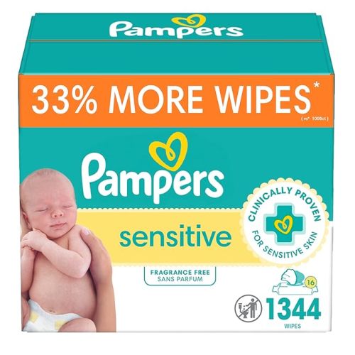 Pampers Sensitive Baby Wipes, Water Based, Hypoallergenic and Unscented, 84 Count Flip-Top Packs of 16 (1344 Wipes Total)