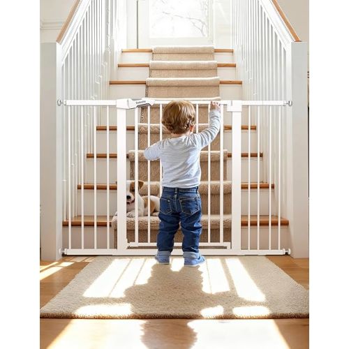 BABELIO 29-55 Inch Extra Wide Baby/Dog Gate, PressGuard P7, Metal Auto Close, Pressure Mounted Pet Door for Doorways, NO Need Tools and Drilling, with Wall Cups, White