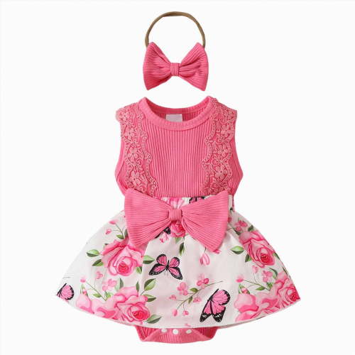 TAmten 6-9 Month Girl Clothes Ruffled Sleeveless Romper Floral Dreesy Bodysuit Heaedband 2pcs Baby Girl Summer Clothes(Hot Pink,0-3 Months)