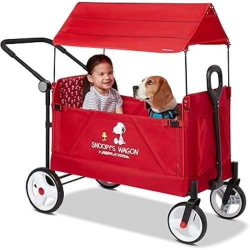 Radio Flyer Snoopy Folding Wagon for Kids & Pets, for Kids 1+, UV Doghouse Canopy, One-Hand Flat Fold, Seats 2 or Pеts, DuraClean Fabric, Rubber Tires, 120 lb Capacity, Wagon for Kids & Pets