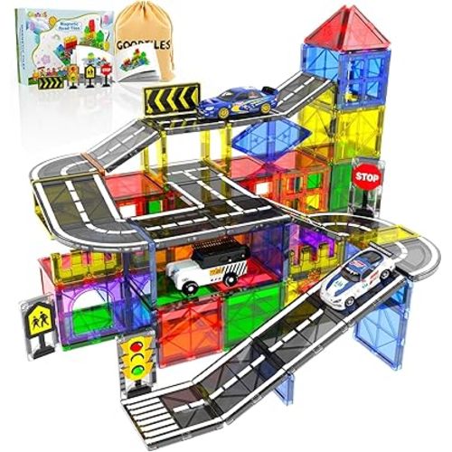 Magnetic Tiles - Road Set, Magnetic Building Blocks, Preschool Montessori Toys Gift for 3+ Year Old Boys and Girls, Sensory Travel Toys for Kids Aged 3-5 and 4-8, Ideas for Toddler with Autism