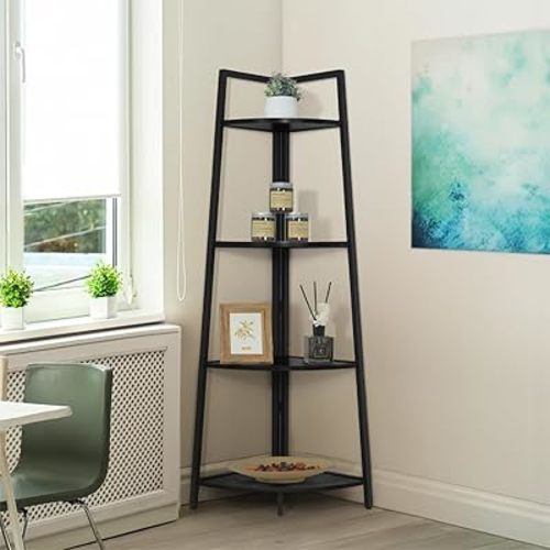 CAPHAUS Tall Corner Shelf Stand, 4-Tier Display Shelves, Ladder Corner Wood Storage Plant Bookshelf with Metal Frame, Versatile Shelving Unit Bookcase for Home Office Space, Black