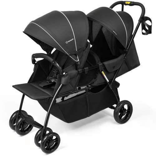 Vomeast Double Stroller for 2 Kids, Foldable Twin Stroller with Adjustable Canopy, Reclining Seat & 5-Point Harness, Lightweight Travel Strollers for toddler infant, Black