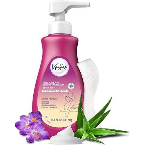 Veet Sensitive Skin Hair Removal Cream For Women, Painless Bikini Hair Removal Gel, Dermatologically Tested Depilatory Cream For Bikini Line, Legs, Arms, Underarms, 13.5 FL OZ Pump Bottle with Tool