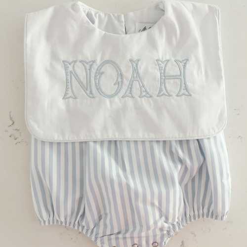Blue & White Striped Bubble with Bib Collar, Classic Baby Boy Outfit, Traditional Baby Outfit, Embroidered Bubble for Boys