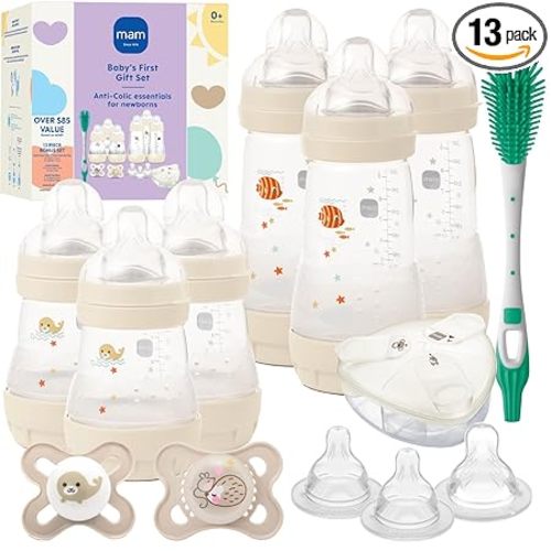 MAM Newborn Essentials Anti-Colic Baby Bottle & Pacifier Set 6 Easy Start Bottles (5oz & 9oz) 8 SkinSoft Nipples (Slow–X-Fast Flow) | Self-Sterilizing, Glow in The Dark Pacifiers & Brush