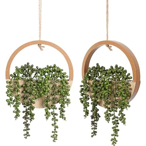 Floweroyal 2pcs Artificial Succulents Hanging Plants 12.2'' Fake String of Pearls in Pot with 8.3'' Lanyard for Indoor Outdoor Wall Decor（Wood Color）.