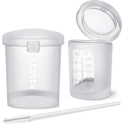 haakaa Silicone Measuring & Feeding Cup 25ml/2pcs(Pre-sterilised), Leakproof & Reusable, 3-in-1 Colostrum Collection Cup for Collect, Store & Feed, Include Cleaning Brush