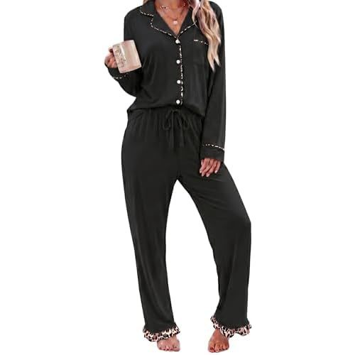 RONGTAI Women Summer Pjs Sets Long Sleeve Button Down Leopard Pajama Sets Ruffle Hem Loungeset Soft Sleepwear