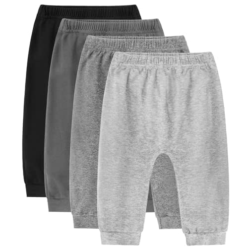 Baby Pants 4 Pack Cotton Pull On Toddler Pants Unisex | Soft tagless comfort elastic waist neutral colors for boys and girls easy dressing