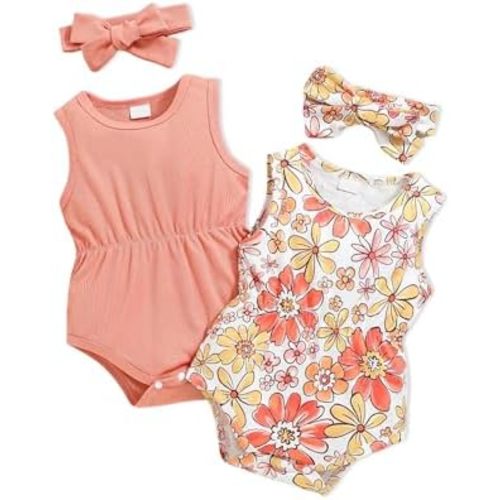 Doresbebe Baby Girl Clothes Newborn Bodysuit Infant Romper Summer Outfits Cute Sleeveless 2-pack 4Pcs Set