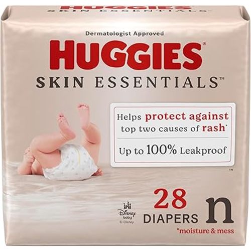Huggies Size Newborn Diapers, Skin Essentials Baby Diapers, Size Newborn (6-9 lbs), 28 Count, Packaging May Vary