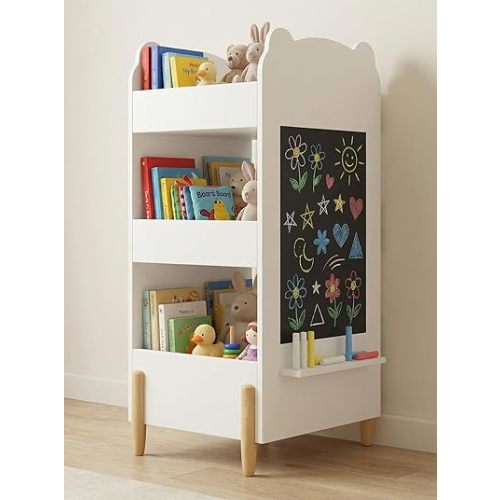 Kid Toy Bookcase,3-Tier Bear Shaped Wooden Kids Bookshelf with Legs, Montessori Bookshelf with Blackboard for Toys and Books, Storage Organizer for Living Room/Bedroom/Nursery/Kids Room-White