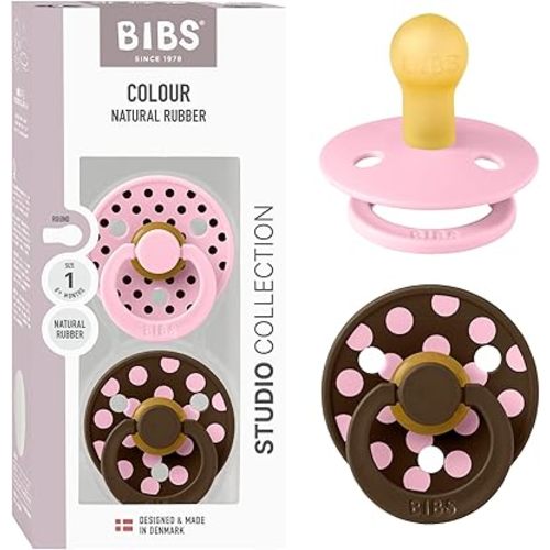 BIBS Polka Dots Pacifier 2-Pack, BPA Free Pacifiers with a Round Latex Nipple, Made in Scandinavia, Size 1 (0-6 Months), Baby Pink/Mocha
