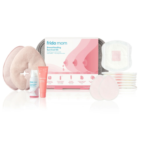 Frida Mom Breastfeeding Survival Kit for Nursing Moms, Reusable Hot+Cold Breast Relief Packs, Hydrogel Nipple Pads, Cracked Nipple Saline Spray, Nipple Balm, Nursing Pads, 13 Piece Gift Set