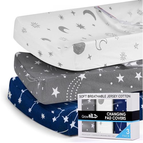GROW WILD Changing Pad Cover 3 Pack | Soft & Stretchy Jersey Cotton | Baby Changing Table Pad Cover | Diaper Changing Pad Covers for Girls and Boys (Stars, Moon & Constellation)