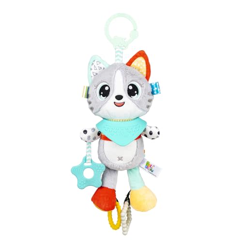 Luka The Cat Hanging Baby Toy – Soft Plush Sensory Toy with 4 BPA-Free Silicone Teethers, Crinkle Ears & Hidden Bell | Clip for Stroller, Car Seat, and Carrier | Developmental Toy 0-24M