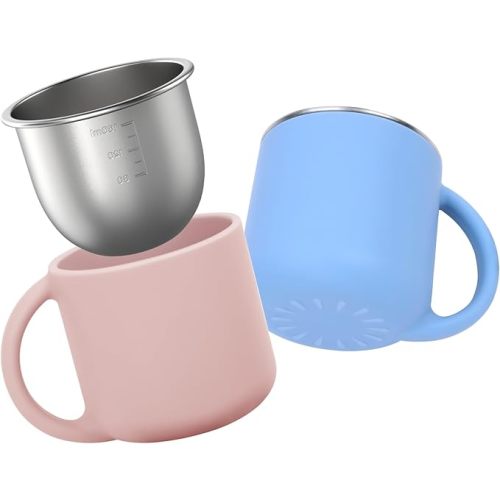 2-IN-1 Open Toddler Cups, Stainless Steel Cup + Silicone Training Cup for Toddlers Kids Babys, No Plastic | No Soap Smell | Shock-Proof Baby Led Weaning Supplies, 2-Pack Blue/Blush