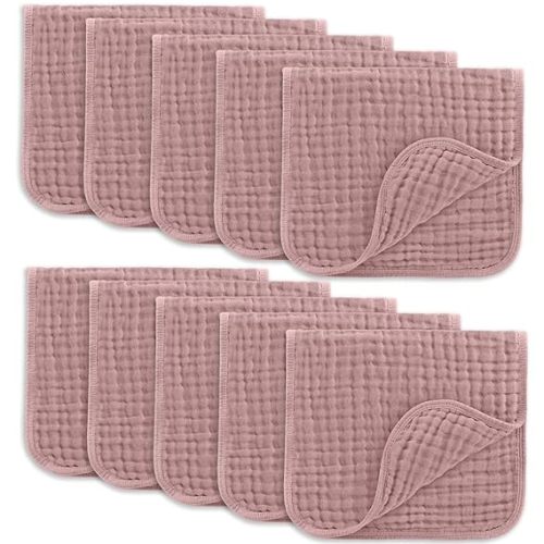 Comfy Cubs Muslin Burp Cloths 20" x 10", Pack of 10 - Large, 6-Layer, Ultra Absorbent 100% Cotton for Baby Drool and Messes - Soft, Safe & Gentle Baby Burp Cloths for Boys & Girls - Mauve