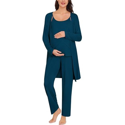 SWOMOG Maternity Pajamas Set 3 PCS Nusing Pajamas Labor and Delivery Gown & Camisole & Pants Postpartum Pjs
