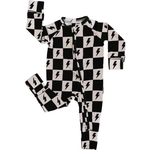 Charlie Lou Baby® Checkered Lightning Bolt Double Zipper Covertible Romper, 12-18M, Black