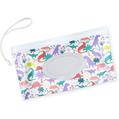 Itzy Ritzy Travel Wipes Case - Reusable Wipe Pouch – Take & Travel Pouch Holds Up to 30 Wet Wipes, Includes Silicone Wristlet Strap, Darling Dinosaurs