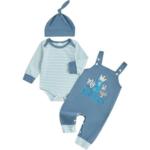 Newborn Baby Boy 1st Halloween Outfit Stripe Long Sleeve Romper Pumpkin Overall Pants Hat Set 3Pcs Fall Clothes