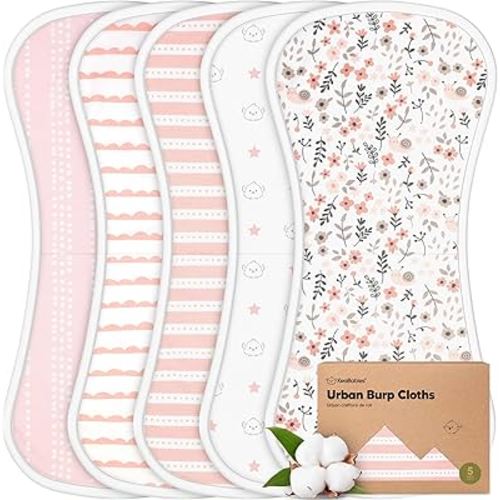 Organic Burp Cloths Baby Boy & Girl - 5-Pack Super Absorbent Cotton Burping Cloths for Babies, Soft & Plush Newborn Spit Up Rags, Infant Towels for Milk Spit Up, Unisex, Large 21" x 10" (Sweet Charm)