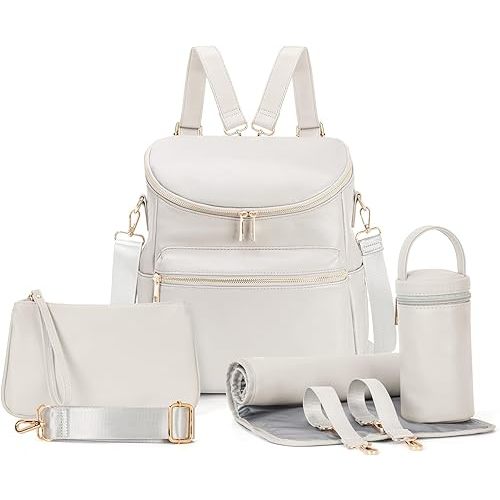 Minsong Diaper Bag Backpack, Fashion Leather Mommy Backpacks, Travel Baby Diaper Bags with in Bag Organizer and Changing Pad (Pearl White)