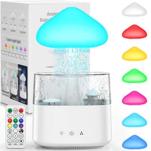 Cloud Humidifiers Rain Water Drip 450ML Mushroom Humidifiers with Remote Control 7 Colors Mood Light Air Humidifier Raindrop Humidifiers for Bedroom