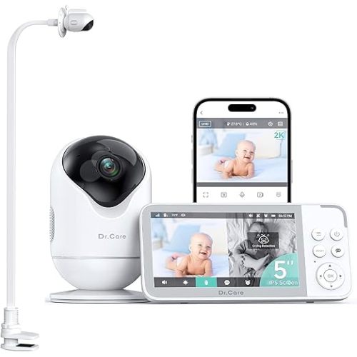 Dr.Care VistaView 5” Smart WiFi Baby Monitor with Clip Mount - 2K HD Camera, App Control, Cry & Motion Alerts, Night Vision, 5000mAh Battery, 2-Way Talk, Multi-User, Triple Security