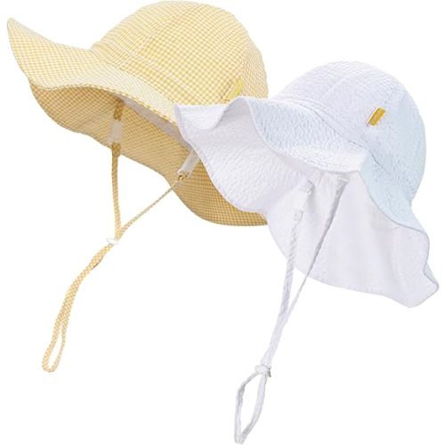 DASMINI Baby & Toddler Wide Brim Sun Hats UPF 50+ Sun Protection Bucket Cap Cute Adjustable Hat in Seersucker
