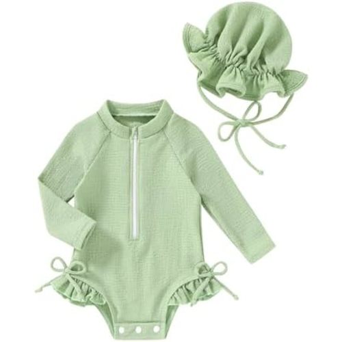 Happy Town Baby Girls Swimsuit Long Sleeves Zipper Ruffled Bathing Suit Infant Girl Beach Essentials
