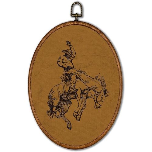 KSDUT Western Cowboy Horse Wall Art Decor - Brown Bucking Southwestern Wall Art Canvas Frame Hanging Prints, Mid Century Modern Oval Wall Art Decor for Home Bedroom Dorm Decorations 8.6"x11.4"