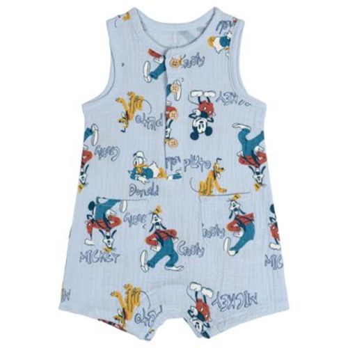 Disney Mickey Mouse Baby Boys' Allover Print Gauze Button Front Creeper Friends Blue 3-6 Months
