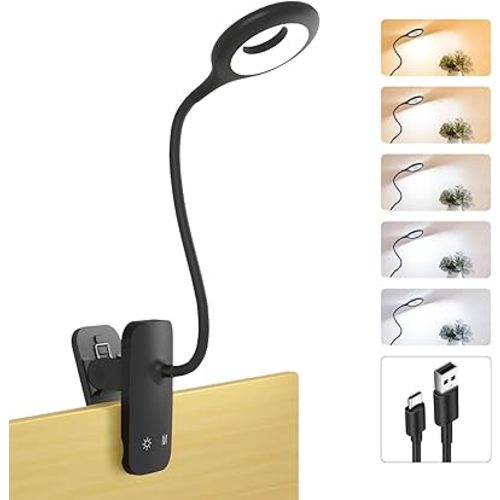 Clip on Light Rechargeable with Large Clamp, Battery Operated Bed Headboard Reading Lamp - 5 Colors 5 Brightness, Flexible Arm Book Light at Night for Kids Desk Bunk Metal Bed Frame (Black)