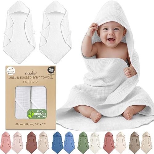 100% Organic Cotton Muslin Baby Hooded Towels - 32x32 Inch, 2 Pack Newborn Bath Towels for Boys & Girls, Soft & Absorbent Bath Set (White)