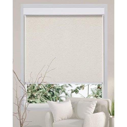 Persilux Light Filtering Blinds for Windows, Free-Stop Cordless Window Roller Shades (Cream 56"W x 72"H) Natural Woven UV Protection Privacy Roller Window Shades for Home, Living Room, Indoor Windows