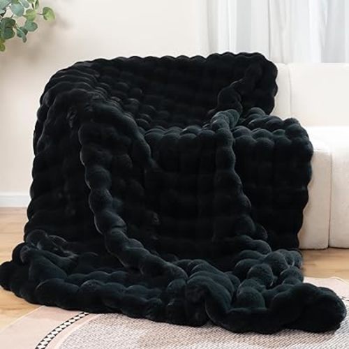Super Comfort Oversized Warm Thick Bubble Luxury Plush Rabbit Faux Fur Throw Blanket, Fluffy Blanket,Soft Cozy Blanket for Couch Chair Bed Sofa Living Room (Black, 60inX80in)