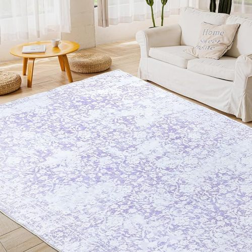 DUKINO Washable Area Rug 6x9, Boho Low-Pile Rugs for Living Room with Non Slip Rubber Backing, Soft Vintage Girls Carpet for Nursery, Living Room, Bedroom, Dining Room, Dorm Room, Office, Purple