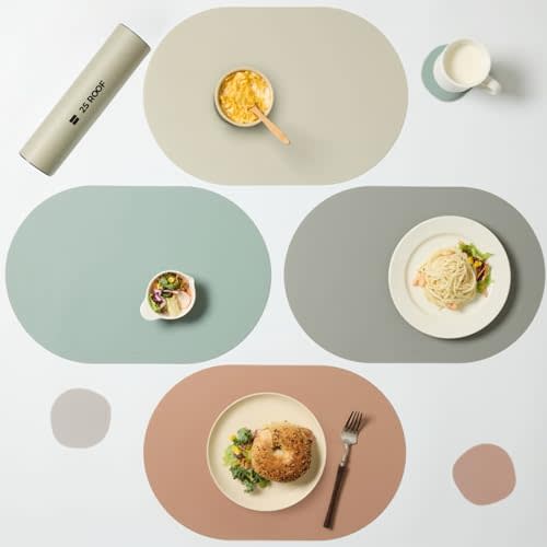 Matt Oval Silicone Placemats Set of 4 with Matching Coasters – Heat Resistant, Waterproof, Easy to Clean Non-Slip Modern Dining Table Mats – Premium Leather Textured Japandi Kitchen Decor
