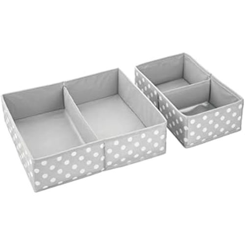 mDesign Fabric Drawer Organizer Bins, Kids/Baby Nursery Dresser, Closet, Shelf, Playroom Organization, Hold Clothes, Toys, Diapers, Bibs, Blankets, Set of 2, 4 Pack, Gray/White Polka Dot