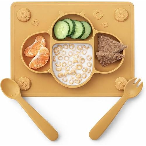 ROCCED Suction Plates for Baby Placemat Spoon Fork Set for Toddlers, Silicone Baby Plates with Suction Baby Dishes for Kids Plates-mustard