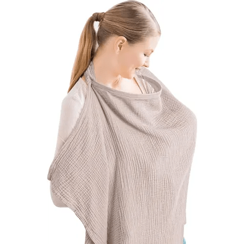 Konssy Muslin Nursing Cover for Baby Breastfeeding, Breathable 100% Cotton Breastfeeding Cover with Rigid Hoop for Mother Nursing Apron, Multi-use Carseat Canopy (Taupe)