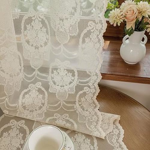 Ivory Vintage Country Floral Lace Sheer Curtains 63 Inches Long -Rod Pocket Light Filtering French Privacy Scalloped Edges Rod Pocket Boho Bedroom ，52 x 63 Inch, 2 Panels