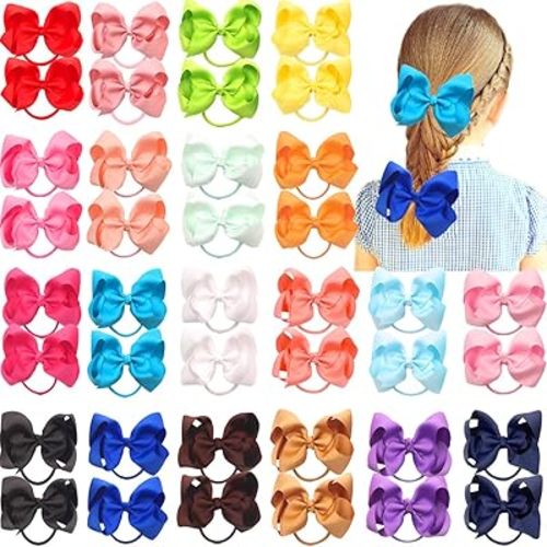 CÉLLOT 40Pcs 4.5 Inches Boutique Pops Hair Bows Elastic Hair Ties Grosgrain Ribbon Big Cheer Bow Ponytail Holder Rubber Hair Bands for Baby Girls In Pairs