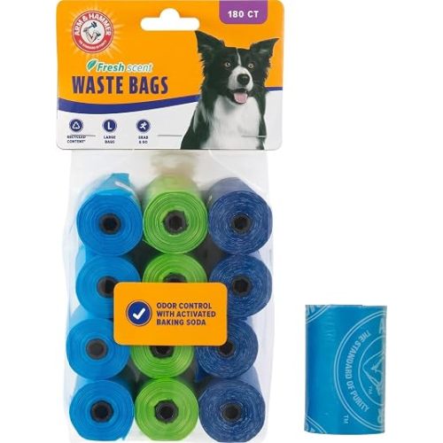 Arm & Hammer Easy-Tear Disposable Dog And Cat Waste Bags With Activated Baking Soda, 180 Dog Poop Bags, 9 x 14 Inches
